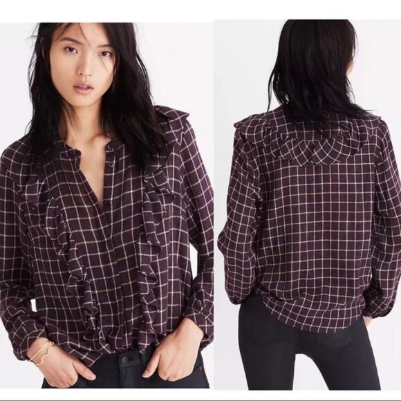 Madewell Purple Windowpane Plaid Ruffle Long Sleeve Top Medium - Picture 5 of 13